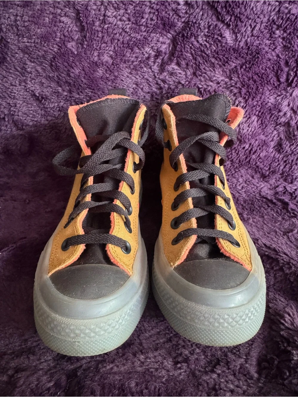 Converse High Top Sneakers in Camel Brown with Orange Accents and Fleece Lining